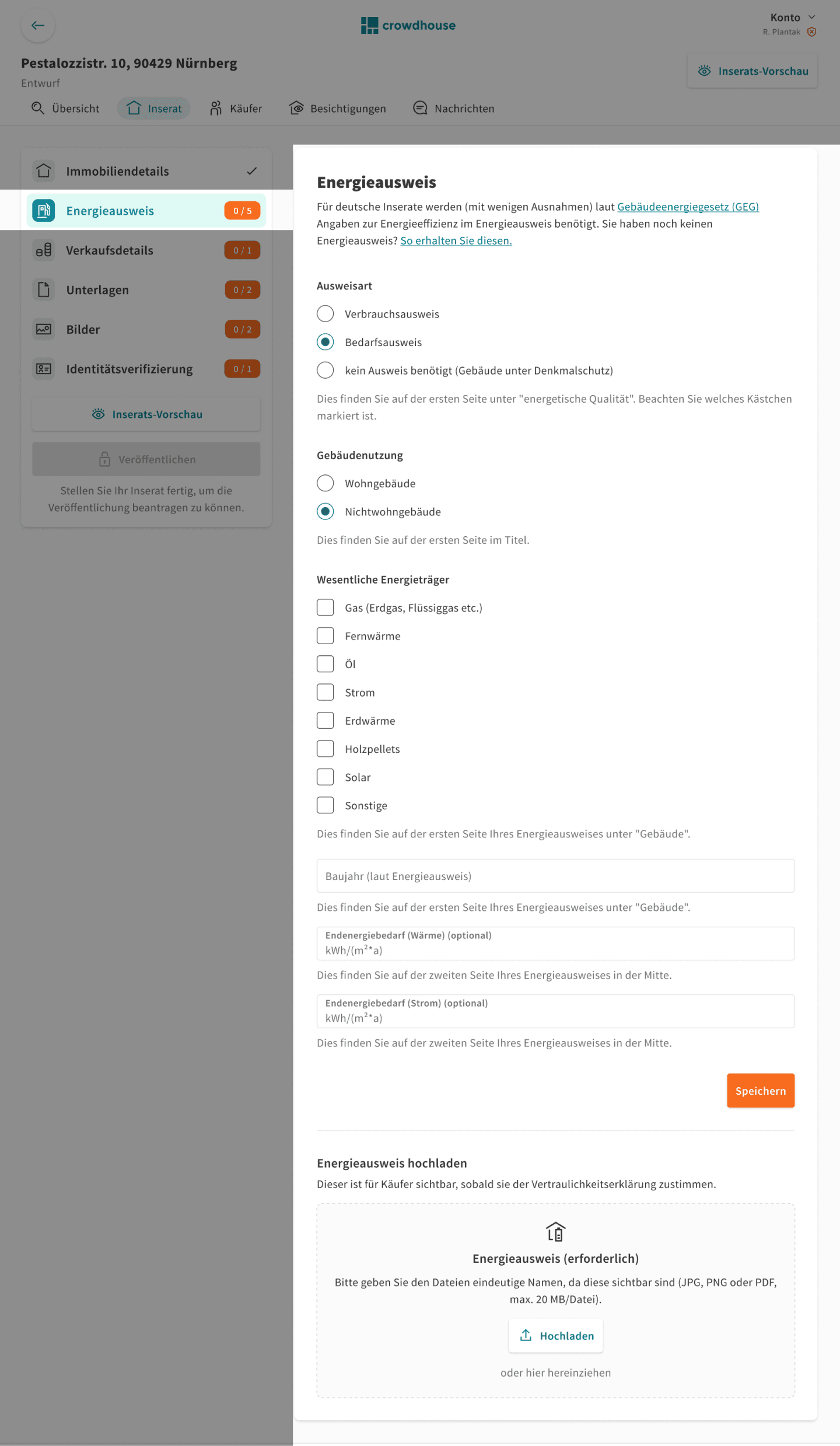 Energy certificate form — seller guided through required details
