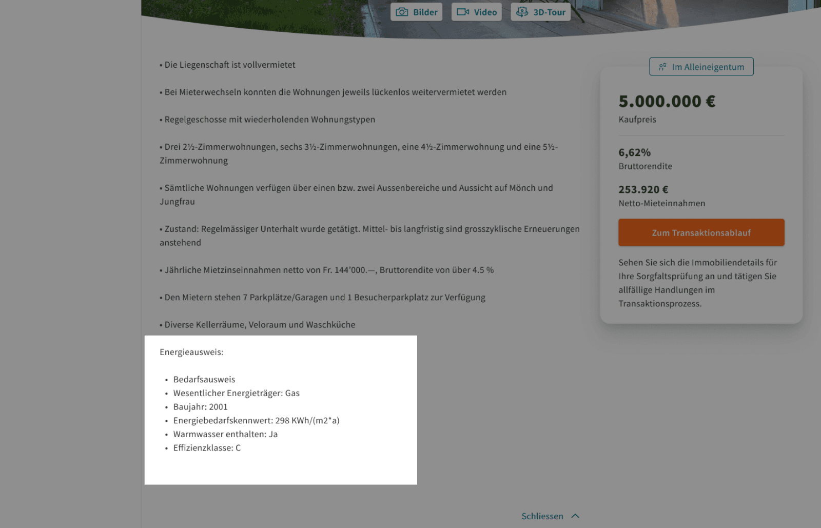 Version A wireframe — energy data on property listing