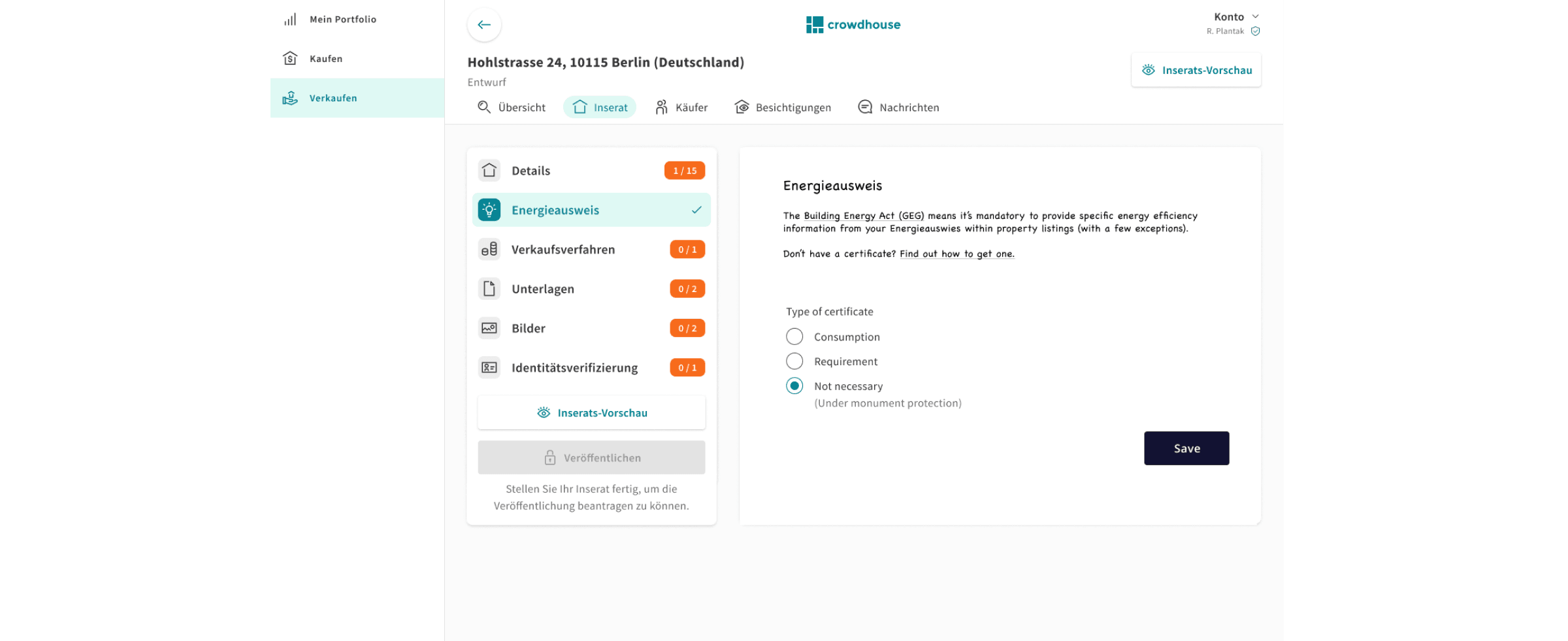 Energy certificate form — seller guided through required details