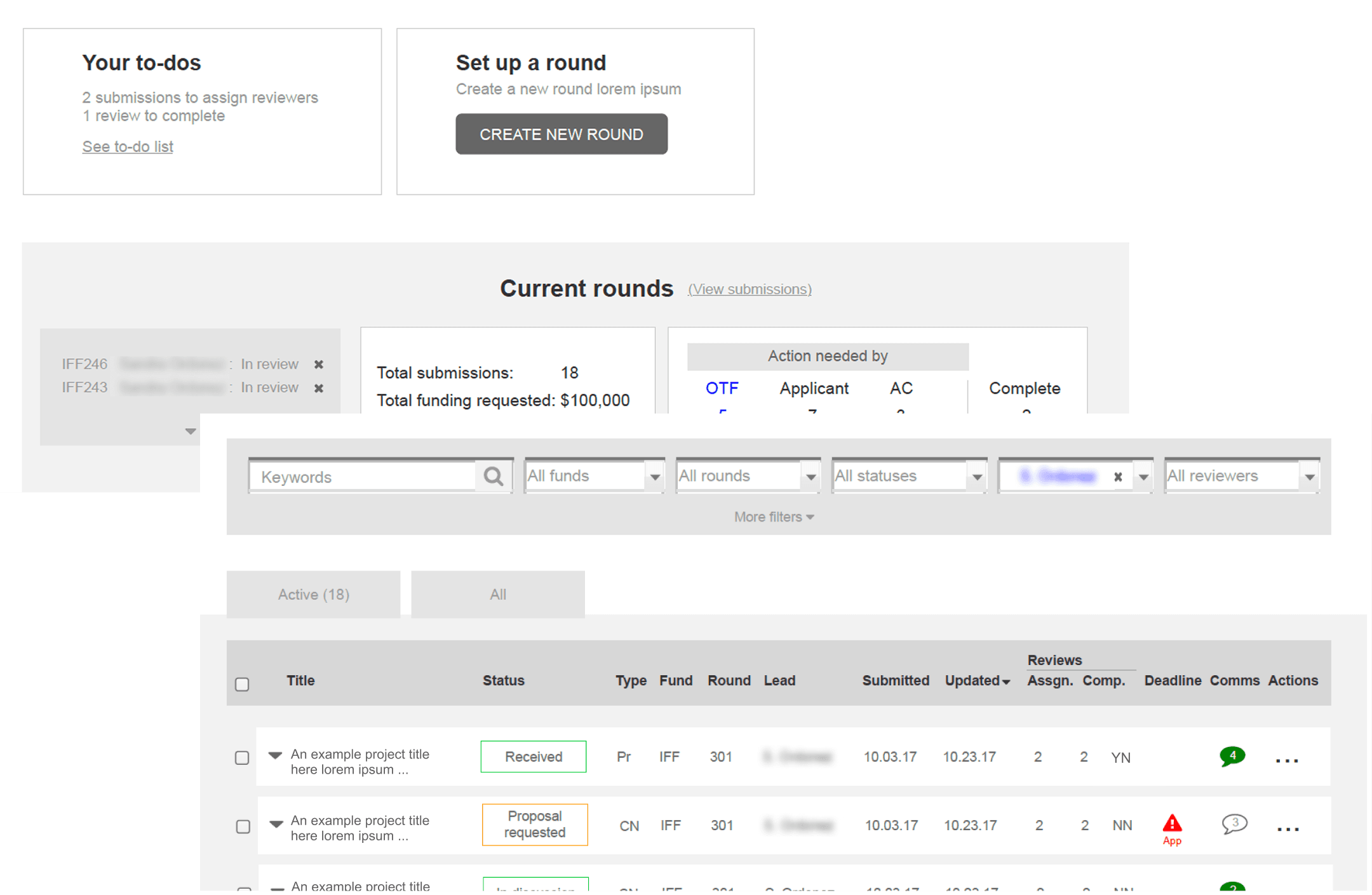Annotated wireframes of the Submissions and Determination screens, showing how priority information, comments, and deadlines are surfaced without overwhelming users