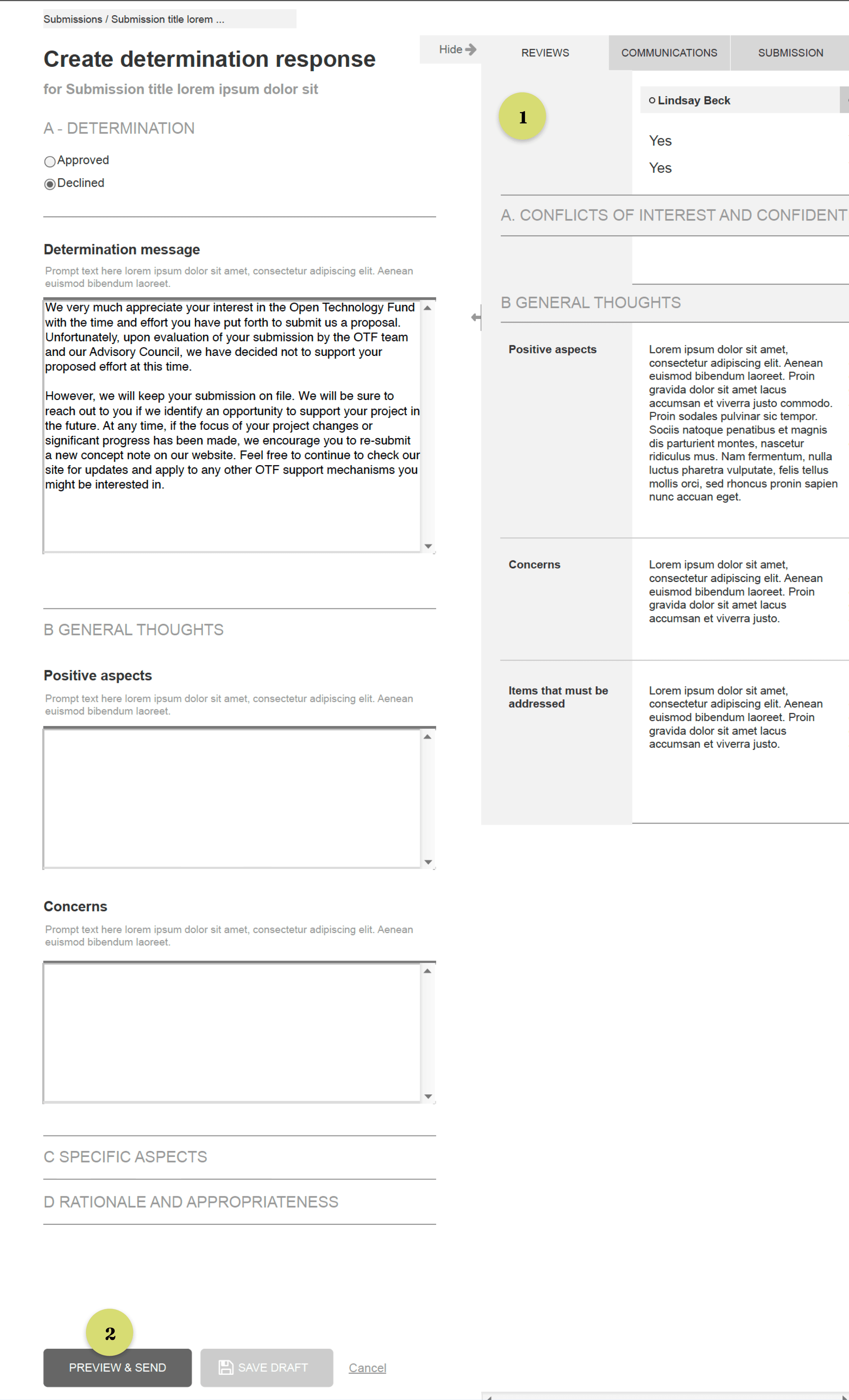 Side-by-side wireframe of the determination screen, showing the response form alongside completed reviews from all advisors