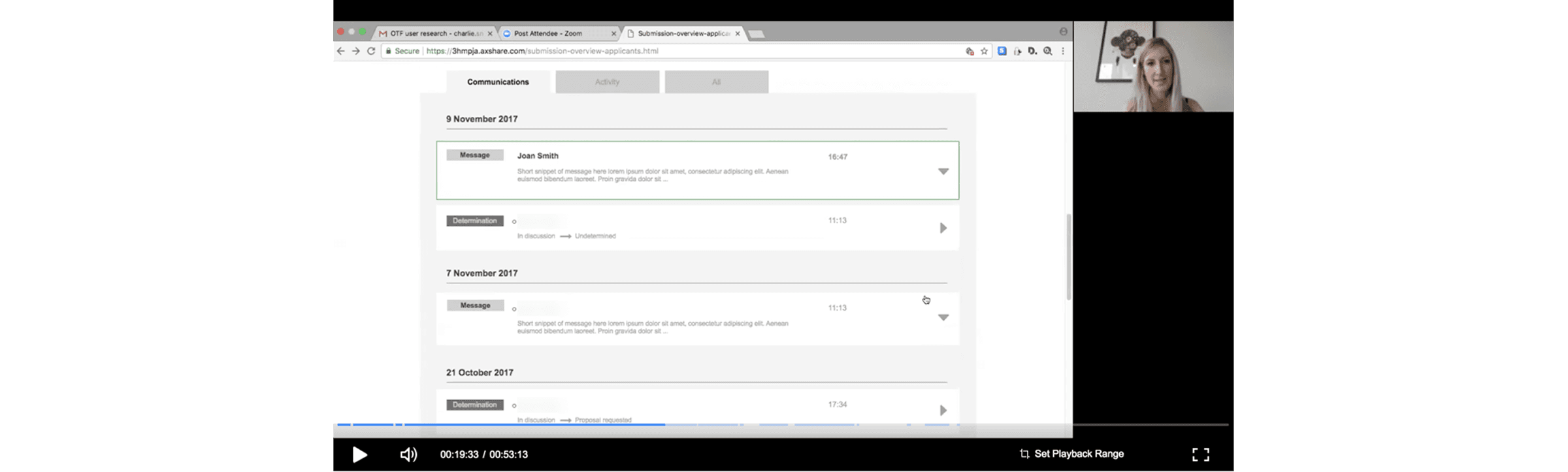 Usability testing session recording showing the OTF portal communications view, with Determination status labels visible including 'In discussion → Undetermined'