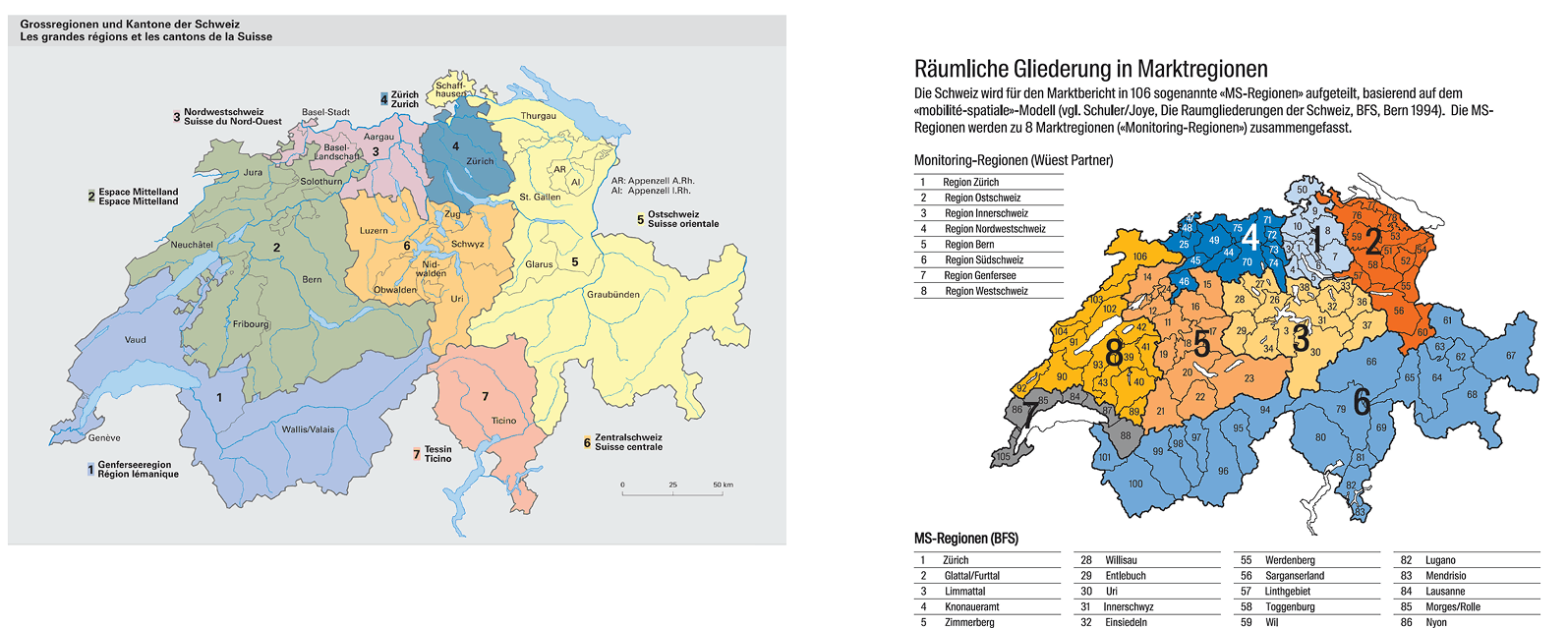 Map of Switzerland showing Grossregionen boundaries — the proposed middle ground between broad language regions and individual cantons